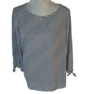 Talbots Blouse Chiffon Herringbone Stripe Tie Sleeve Keyhole Neck Size LP  READ‎